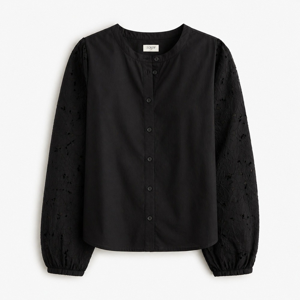 J.Crew Eyelet-Sleeve Button-Front Top Women XS Black Floral Blouse Boho 90s Chic